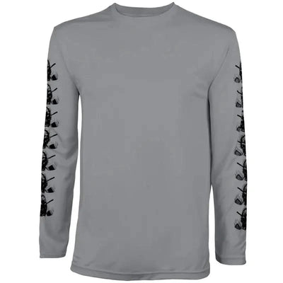 A dark grey long sleeve golf undershirt with silk-screened Tattoo Golf skull design on the sleeves.