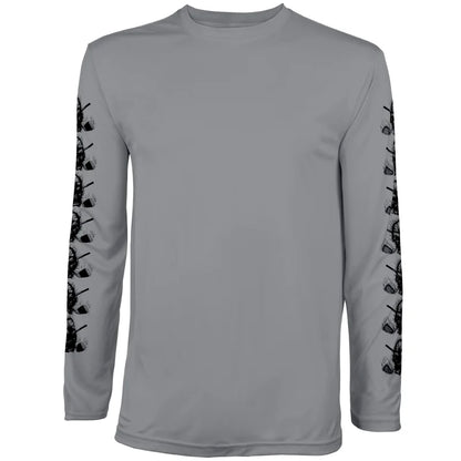 A dark grey long sleeve golf undershirt with silk-screened Tattoo Golf skull design on the sleeves.
