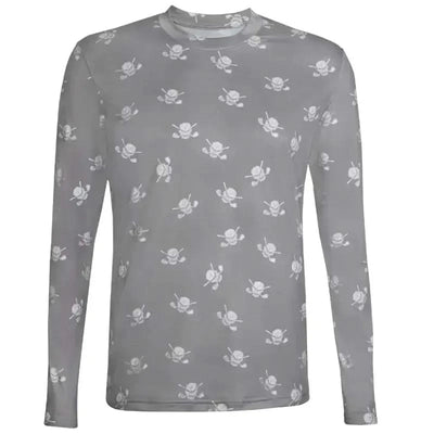 Tattoo Golf long-sleeve skull golf undershirt in grey and white, shown from the front with a repeating skull and crossed clubs print.
