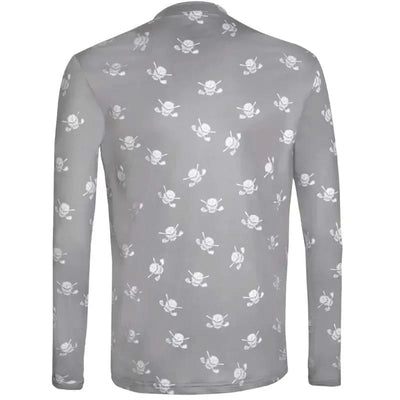 Tattoo Golf long-sleeve skull golf undershirt in grey and white, shown from the back with its repeating skull pattern.