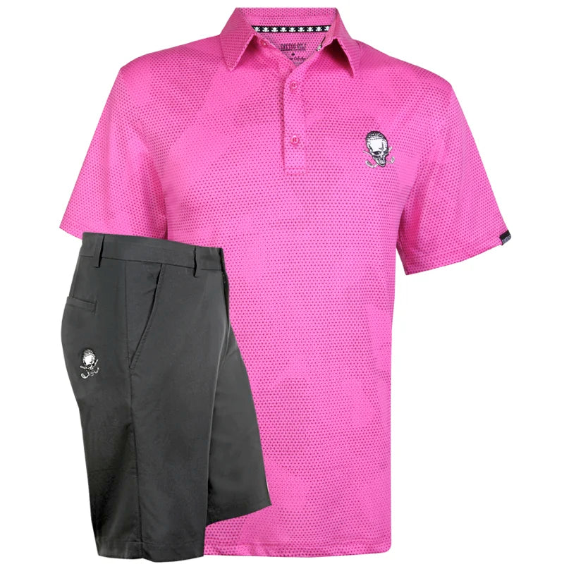 Pink polo shirt and black shorts 