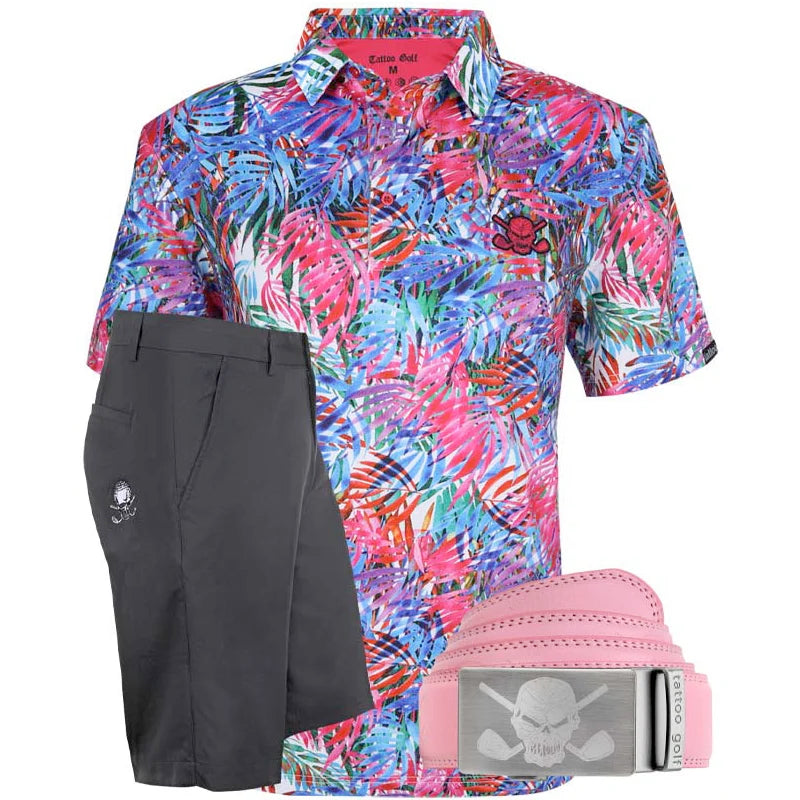 Colorful tropical golf shirt with black golf shorts and pink leather belt 