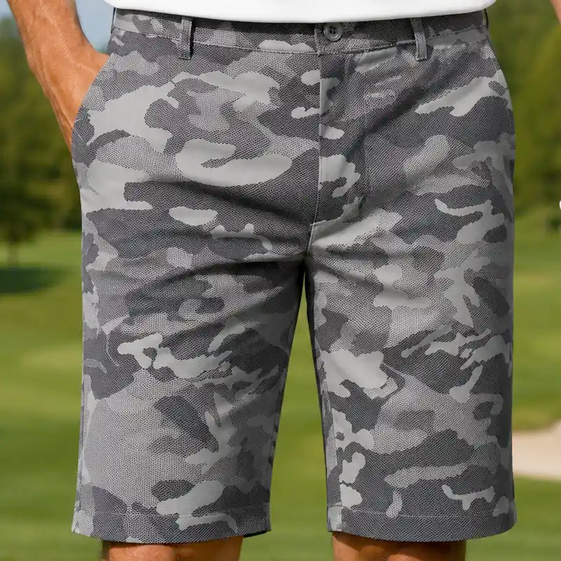 Camouflage grey golf shorts worn by a golfer on a golf course
