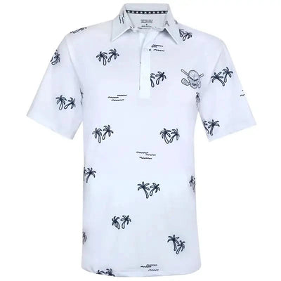 White polo shirt with blue palm tree patterns 