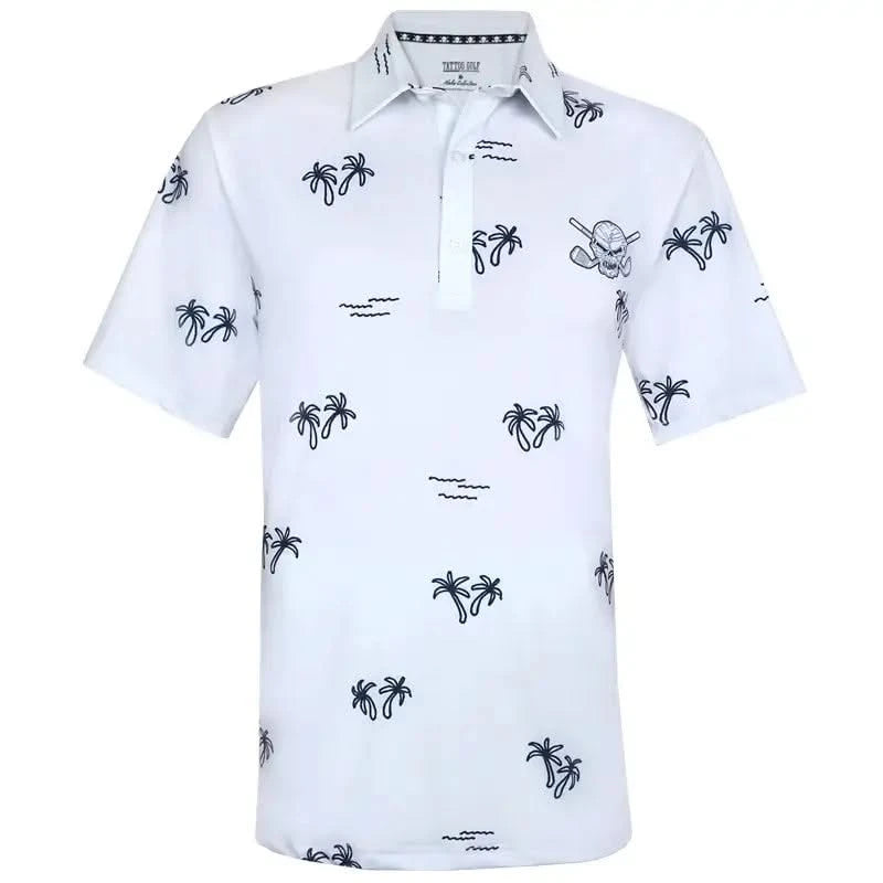 White polo shirt with blue palm tree patterns 