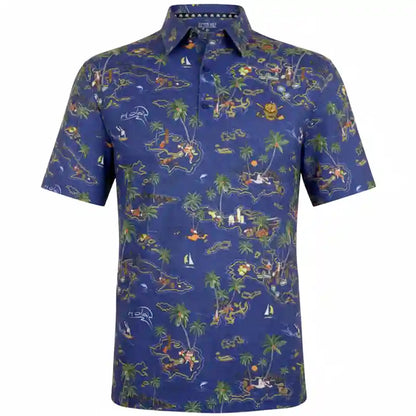 Blue golf shirt with colorful tropical pattern 