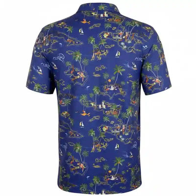 Tattoo Golf Vintage Hawaiian men's polo in Ocean Blue, shown from the back with its colorful island pattern.