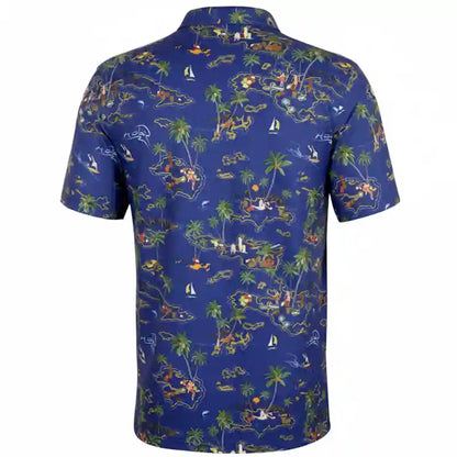 Blue Hawaiian golf shirt with colorful island pattern