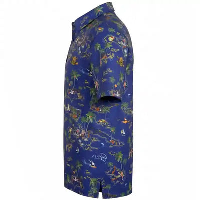 Tattoo Golf Vintage Hawaiian men's polo in Ocean Blue, shown from the side with its colorful tropical pattern.