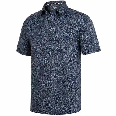 A short-sleeve polo shirt with a dark navy blue base and an all-over white hand-drawn style floral and heart pattern, shown on a plain white background.