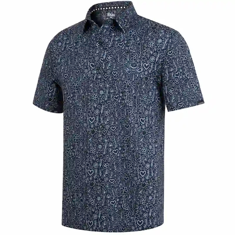 A short-sleeve polo shirt with a dark navy blue base and an all-over white hand-drawn style floral and heart pattern, shown on a plain white background.
