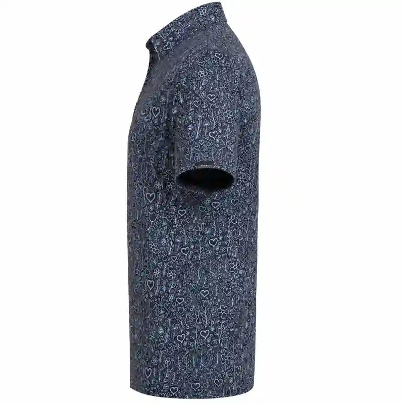 A black golf top shown from the side, featuring an all-over abstract pattern in black and light gray 