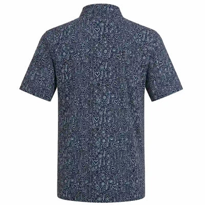A short-sleeve button-up shirt shown from the back, featuring an all-over intricate white line-art pattern of hearts, flowers, and cactus silhouettes on a dark navy blue background.