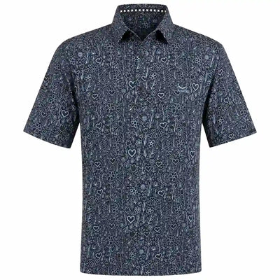 A men's short-sleeve golf shirt in  black with a white hand-drawn style pattern of hearts, flowers, and arrows, 