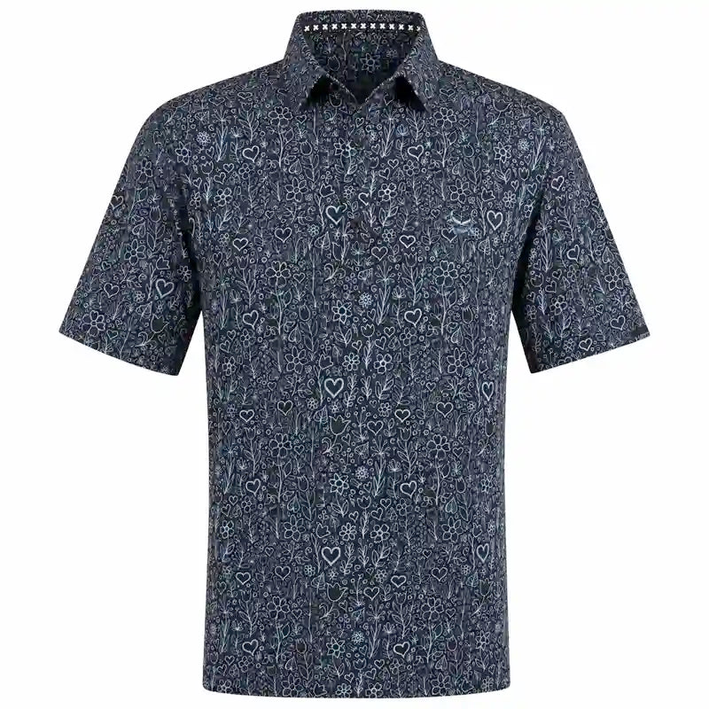 A men's short-sleeve golf shirt in  black with a white hand-drawn style pattern of hearts, flowers, and arrows, 