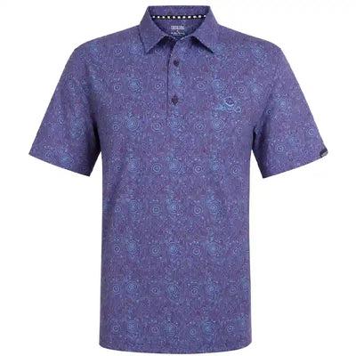 A short-sleeve polo shirt in a purple and blue patterned fabric, featuring a button-down collar and a three-button placket