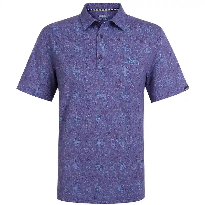 A short-sleeve polo shirt in a purple and blue patterned fabric, featuring a button-down collar and a three-button placket