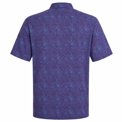 A purple golf polo shirt shown from the back, featuring an all-over blue and purple circular paisley pattern on a purple base.