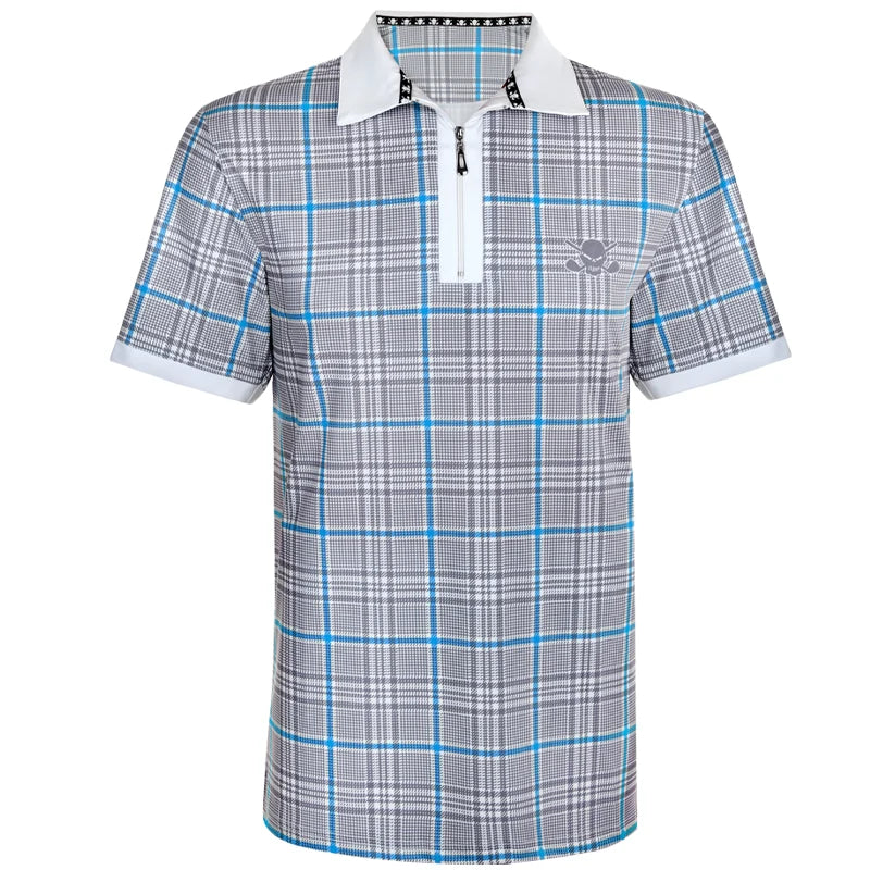 A men's golf shirt with an all-over blue/grey plaid print and a bold skull design on the back. The shirt is designed with a sleek zipper placket and displayed on a plain background.