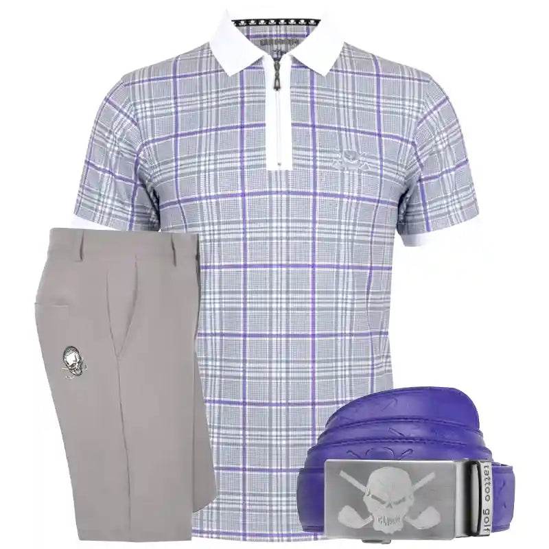 Plaid purple golf shirt, gray shorts, and purple premium leather ratchet belt with skull design.