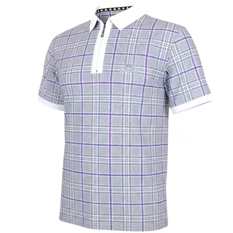 Purple plaid patterned polo shirt with white collar 