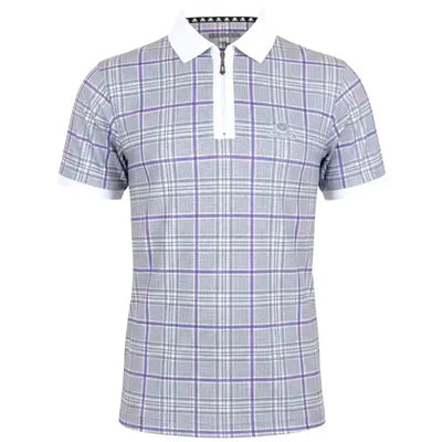 Purple Plaid patterned polo shirt with skull deign and zipper placket