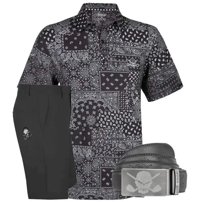 Black and white patterned shirt, black shorts, and black belt 