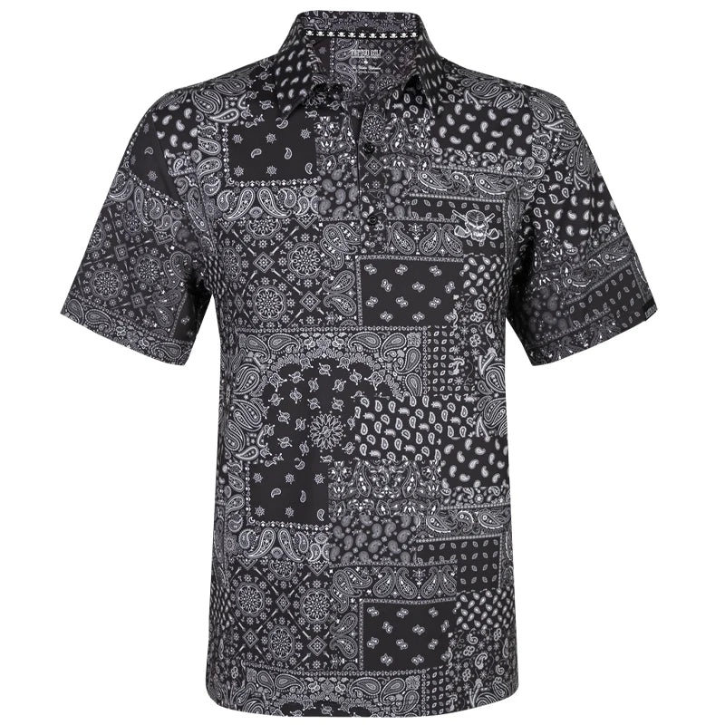 A black golf shirt with a bold bandana pattern and Tattoo Golf's signature skull and golf club motif.