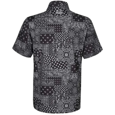Hustler Cool-Stretch Men's Golf Shirt in Black with bandana-inspired pattern on the back.