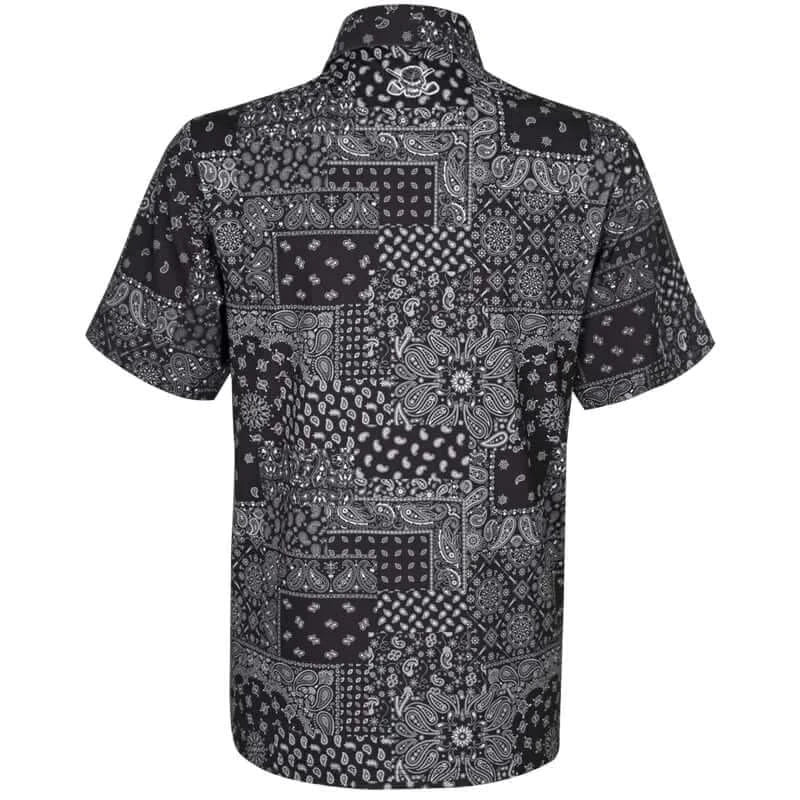 Hustler Cool-Stretch Men's Golf Shirt in Black with bandana-inspired pattern on the back.