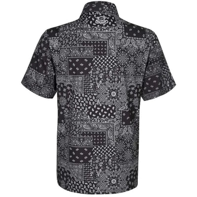 Hustler Cool-Stretch Men's Golf Shirt in Black with bandana-inspired pattern on the back.