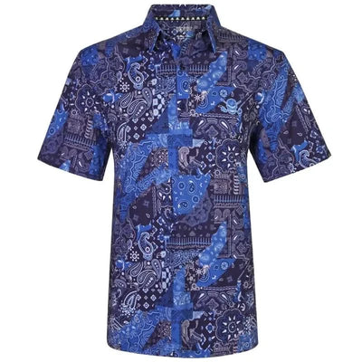 A men's blue golf shirt with a bold bandana pattern and Tattoo Golf's signature skull and golf club motif.
