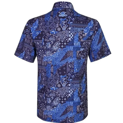 Hustler Cool-Stretch Men's Golf Shirt in Blue showcasing intricate bandana-inspired patterns.
