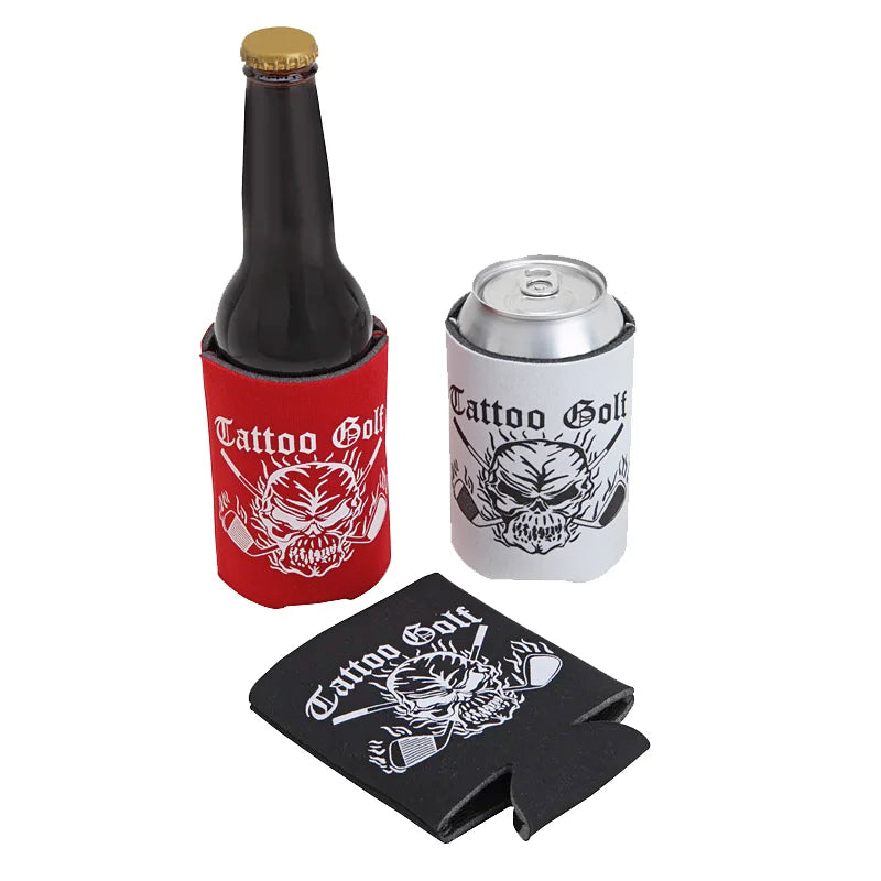 A set of Tattoo Golf branded koozies, with one in red, one in white, and one in black, all featuring a skull design.
