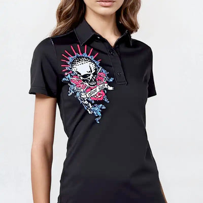 Black polo shirt with a colorful skull and floral design on a white background