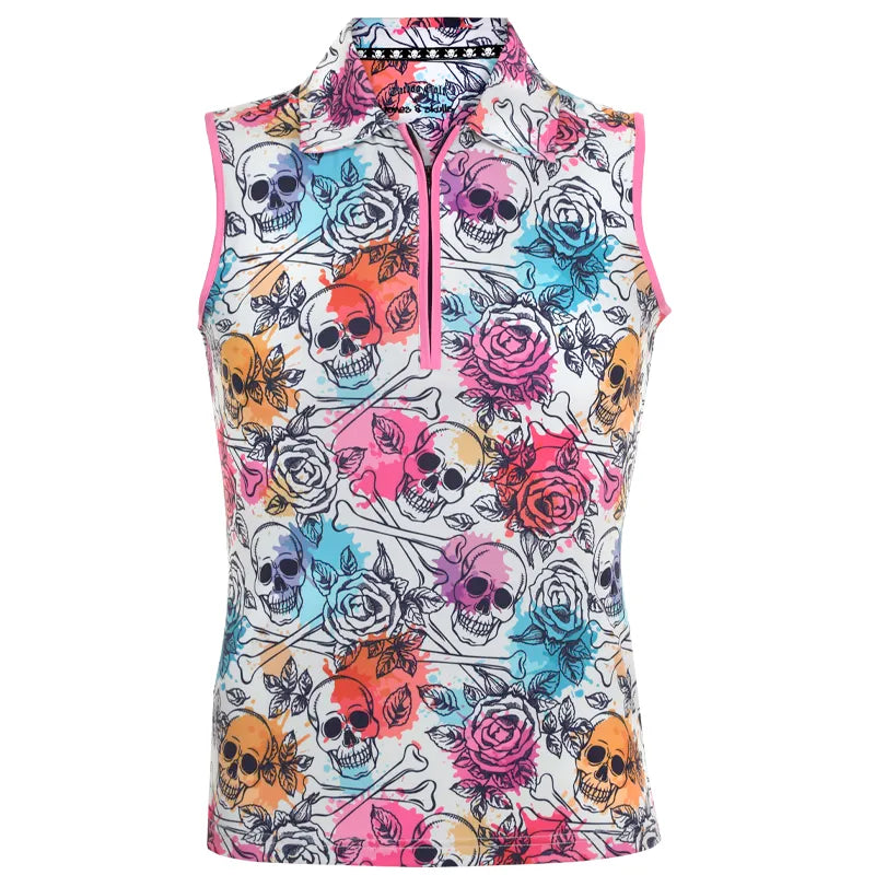 Colorful sleeveless top with skull and rose pattern on a white background