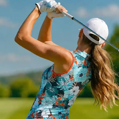 Woman playing golf on a sunny day with a clear blue sky.
