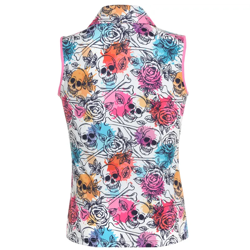 Wild and Colorful sleeveless women's golf shirt with skull and rose pattern 
