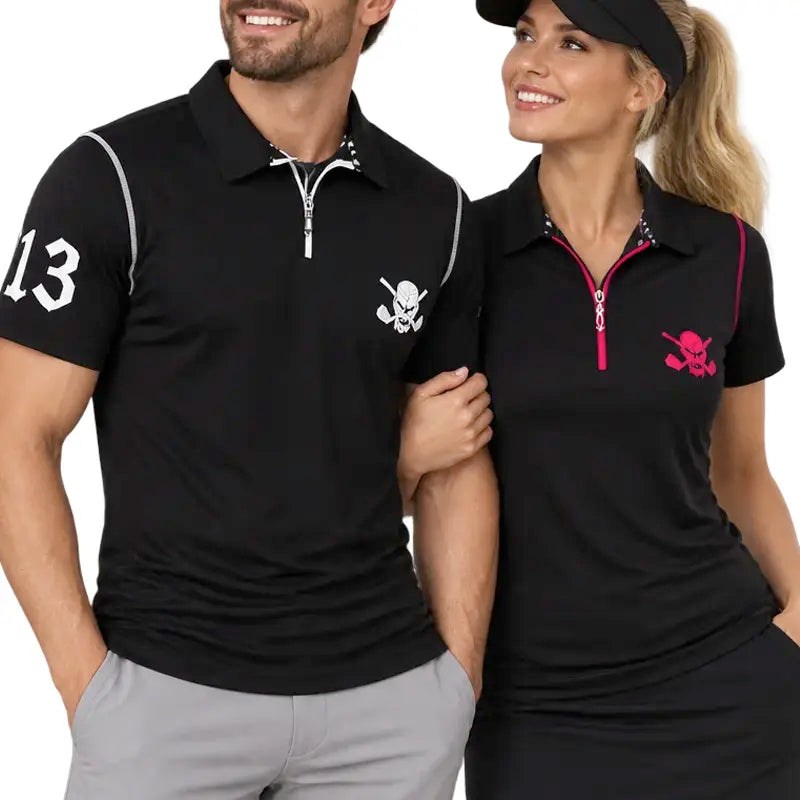 Lucky 13 Zipper Matching Couples Golf Polo's (Black)