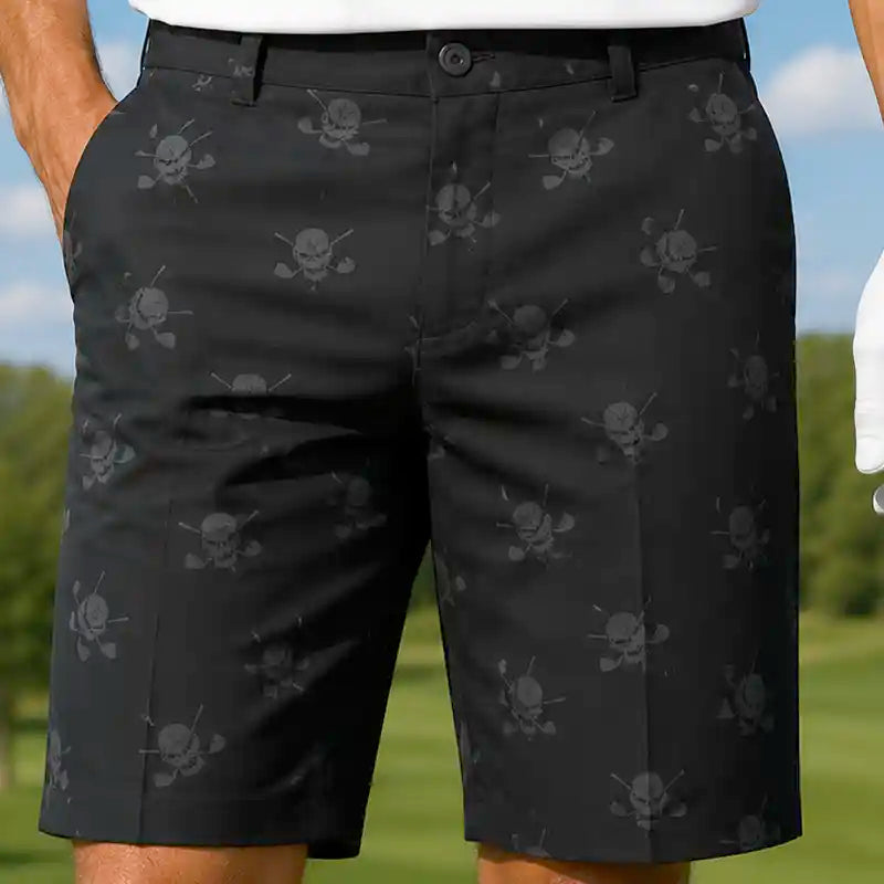 Black shorts for men with skull pattern worn by a golfer on a golf course