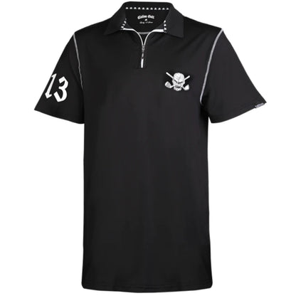 A black golf shirt with contrast stitching, a color-matched zipper, and the number 13 on sleeve.  Skull & crossing clubs design on front and back