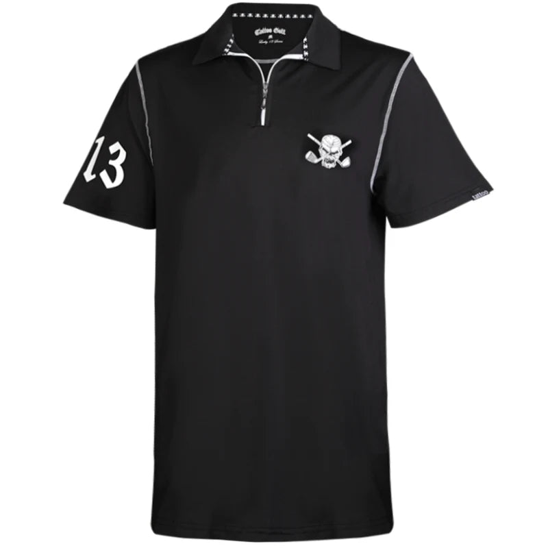 A black golf shirt with contrast stitching, a color-matched zipper, and the number 13 on sleeve.  Skull & crossing clubs design on front and back