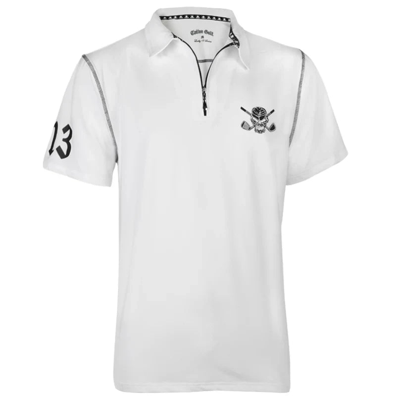 White golf shirt with quarter zip and skull design