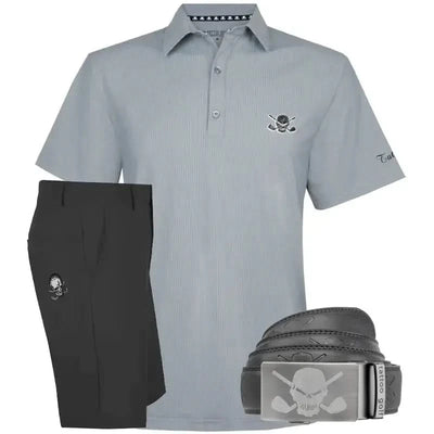 Gray polo shirt, black shorts, and belt 