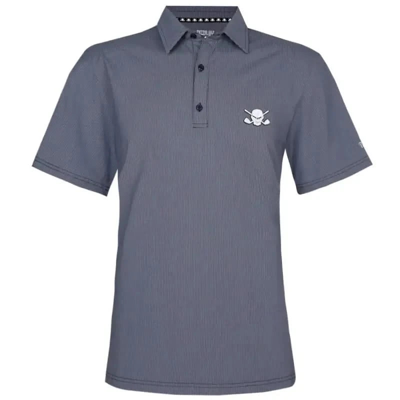 A blue men's golf shirt with a three-button placket, featuring a raised rubber logo on the chest.