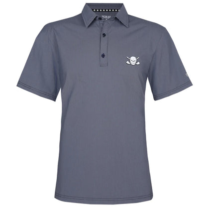 A blue men's golf shirt with a three-button placket, featuring a raised rubber logo on the chest.