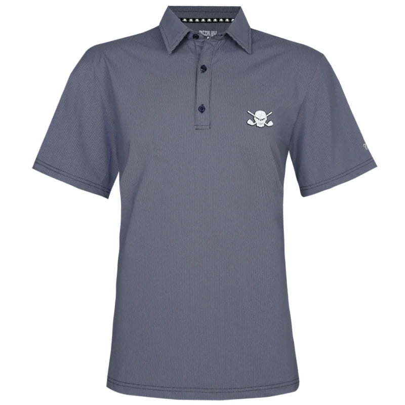 A blue men's golf shirt with a three-button placket, featuring a raised rubber logo on the chest.