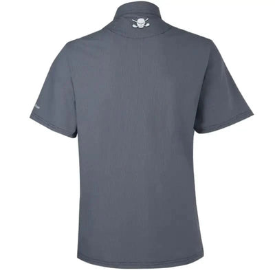 Tattoo Golf Luxe men's polo in Blue Steel, shown from the back in a product view.