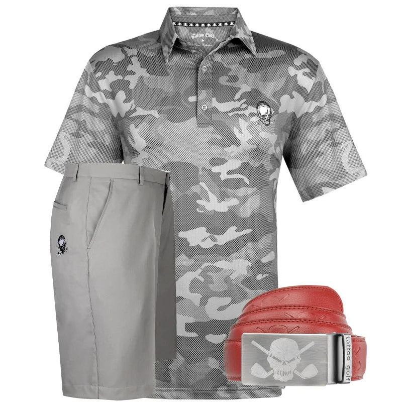 A set of men's golf attire featuring a camouflage pattern, including a shirt with a collar and buttons, and shorts with a tag-free label. A leather ratchet belt with a buckle is also shown.