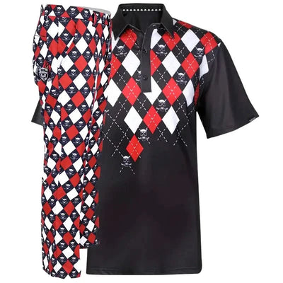 Black, red, and white argyle patterned shirt and argyle pants